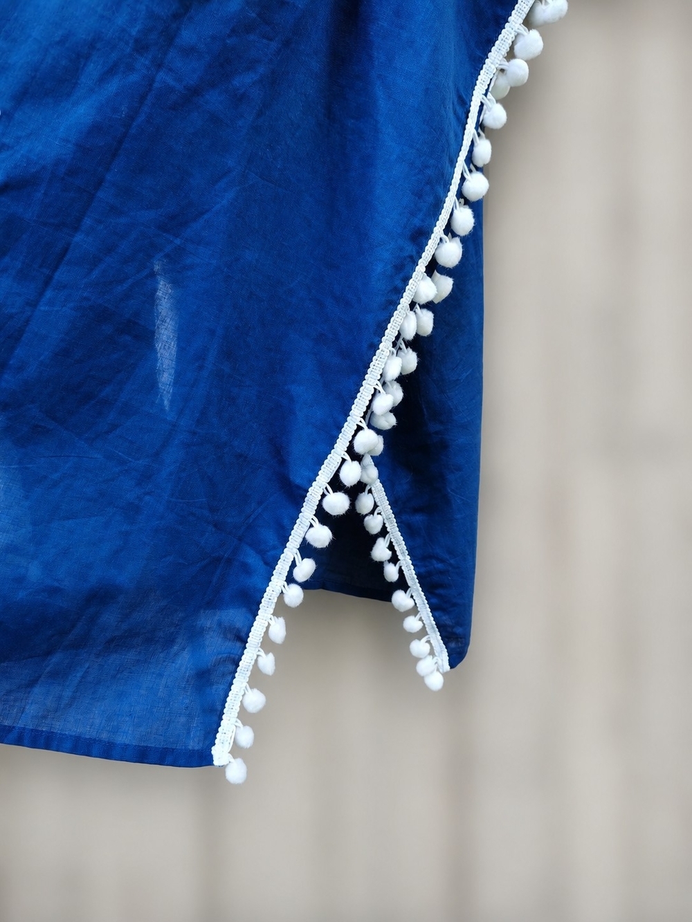 Debbie Katz Embroidered Cotton Swim Cover Up Small Blue White Pom Pom Tassel Tie - Picture 4 of 8
